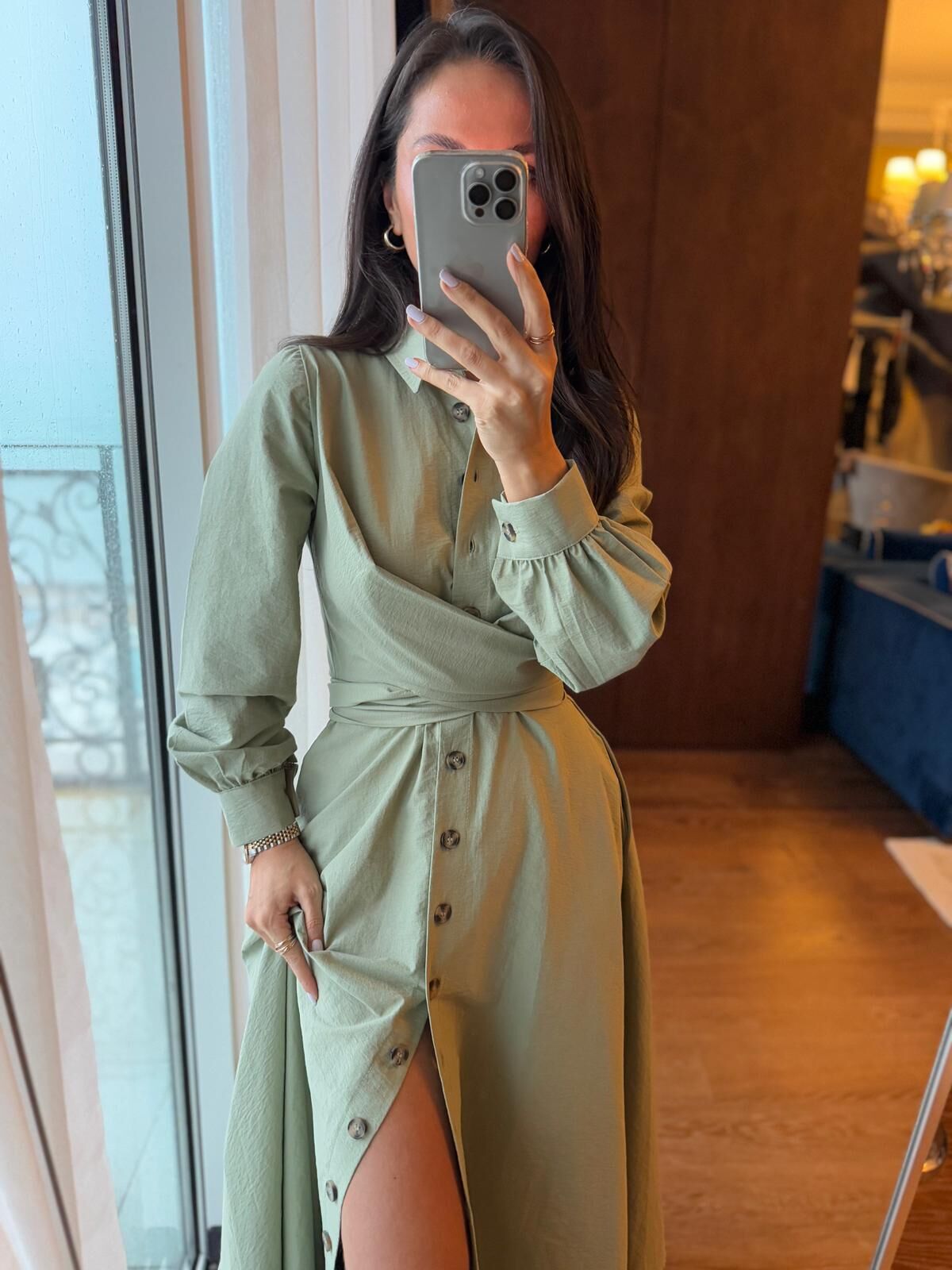 Ms 2129 Kendinden Bağlamalı Haki Gömlek Elbise