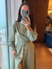 Ms 2129 Kendinden Bağlamalı Haki Gömlek Elbise