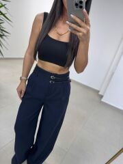 Fl 3663 Yüksel Bel Çift Kemerli Lacivert Pantolon