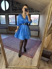 Mavi kat kat saten elbise