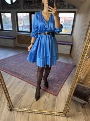 Mavi kat kat saten elbise