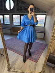 Mavi kat kat saten elbise