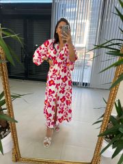 My 3154 Pembe Beyaz Kuşlu Elbise