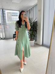 Dr 8437 Su Yeşili Viskon Gömlek Elbise