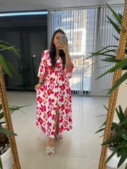 My 3154 Pembe Beyaz Kuşlu Elbise