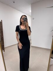 Kare Yaka Gümüş Droplu Çelik Siyah Triko Elbise