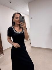 Kare Yaka Gümüş Droplu Çelik Siyah Triko Elbise