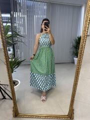 My 3217 Halter neck green checkered viscose dress