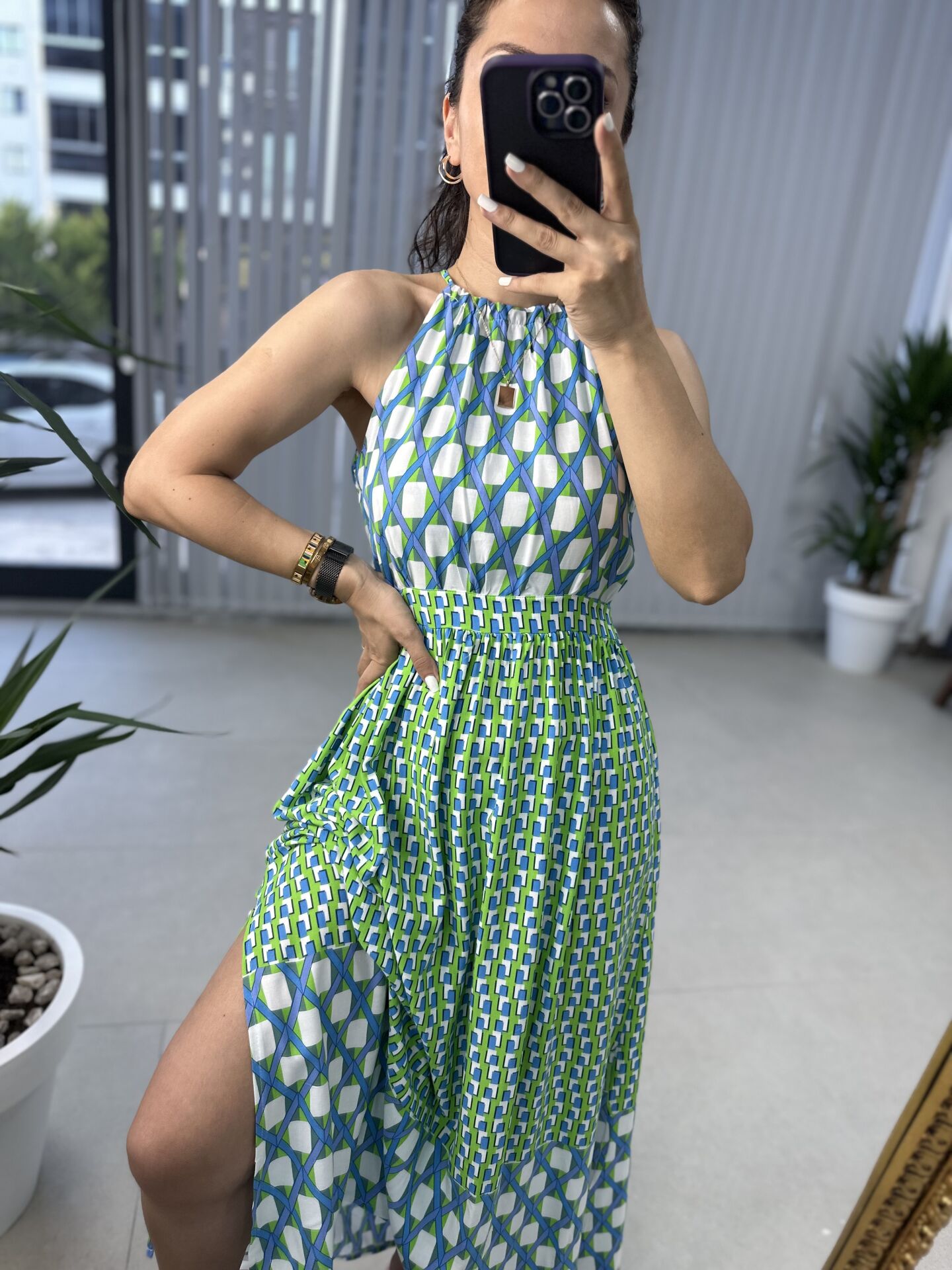 My 3217 Halter neck green checkered viscose dress