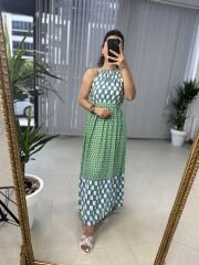 My 3217 Halter neck green checkered viscose dress