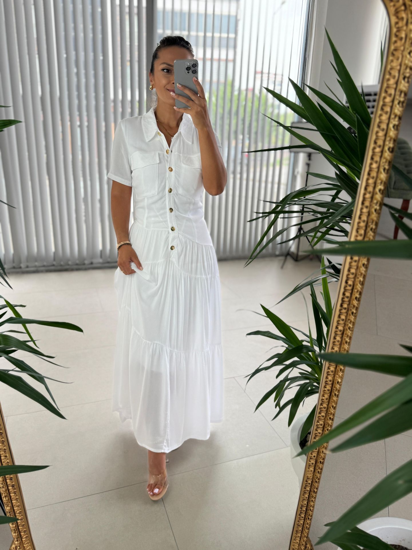 Sg Shirt Collar Maxi Dress with Gold Buttons