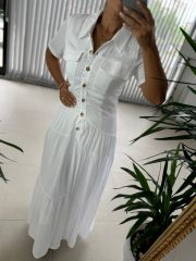 Sg Shirt Collar Maxi Dress with Gold Buttons