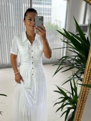 Sg Shirt Collar Maxi Dress with Gold Buttons