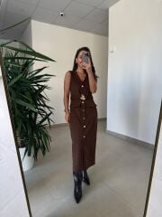 Bb 30481 Çikolata Kahve Gold Düğmeli Süet Elbise