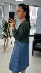 Dr 2491 Eteği Denimli Haki Sweat Elbise