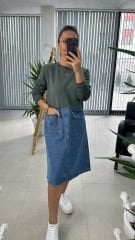 Dr 2491 Eteği Denimli Haki Sweat Elbise