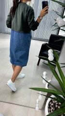 Dr 2491 Eteği Denimli Haki Sweat Elbise