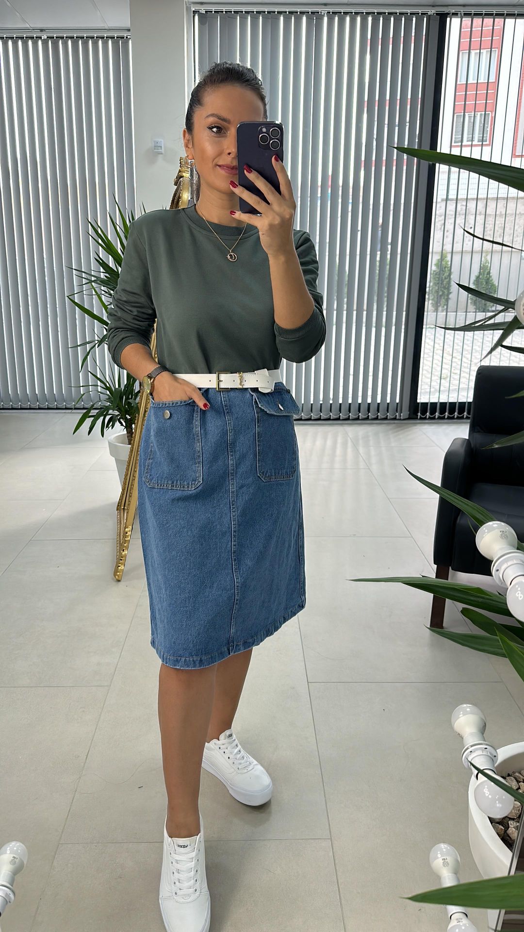 Dr 2491 Eteği Denimli Haki Sweat Elbise