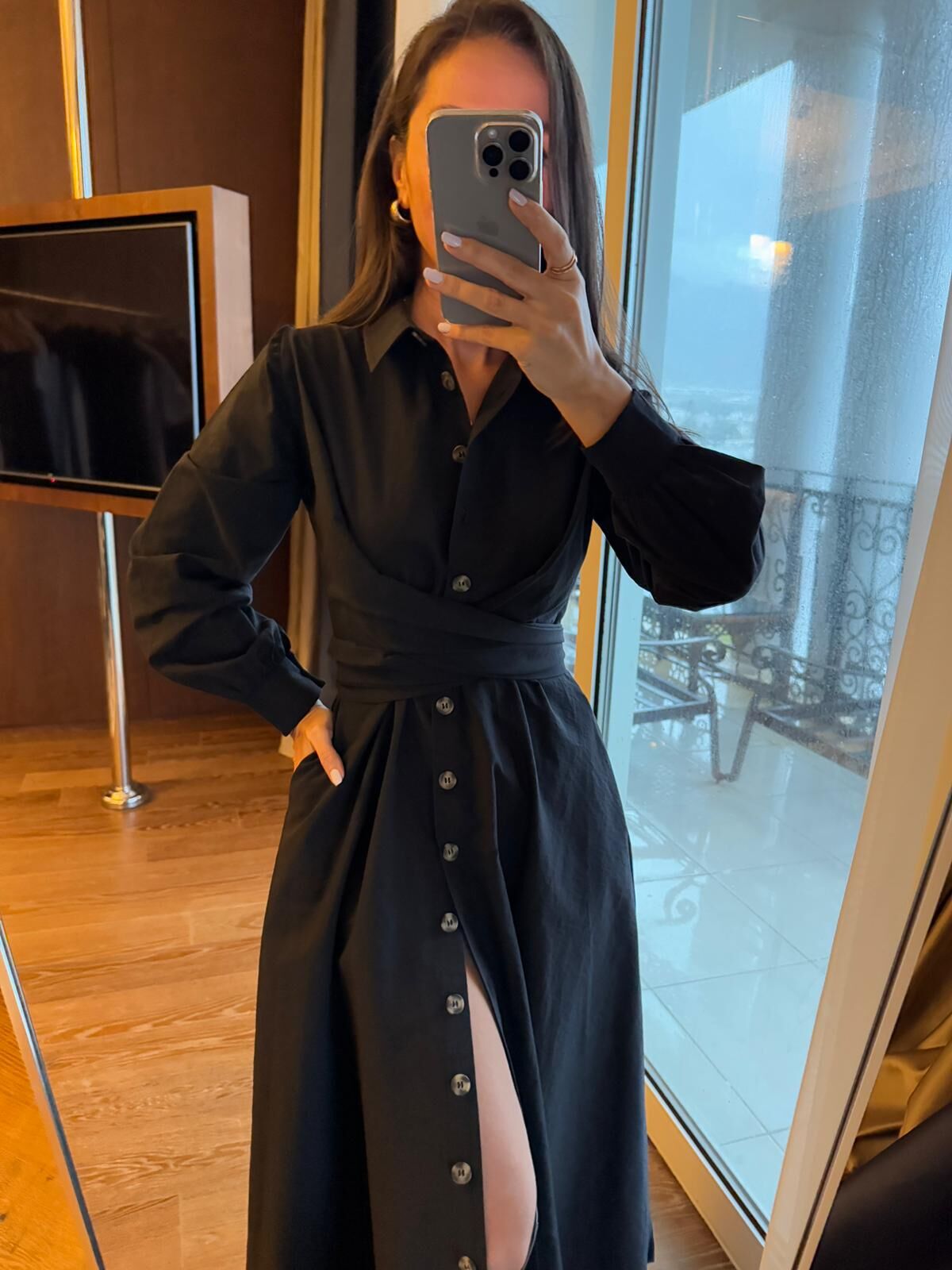 Ms 2129 Kendinden Bağlamalı Siyah Gömlek Elbise