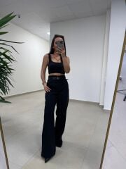 Fl 3663 Yüksel Bel Çift Kemerli Siyah Pantolon