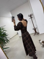 Rn 35551 Kare Yaka Ekoseli Kemerli Elbise