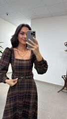 Rn 35551 Kare Yaka Ekoseli Kemerli Elbise