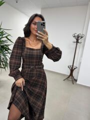 Rn 35551 Kare Yaka Ekoseli Kemerli Elbise