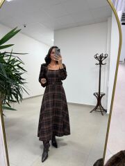 Rn 35551 Kare Yaka Ekoseli Kemerli Elbise