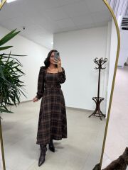 Rn 35551 Kare Yaka Ekoseli Kemerli Elbise