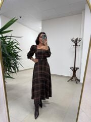 Rn 35551 Kare Yaka Ekoseli Kemerli Elbise