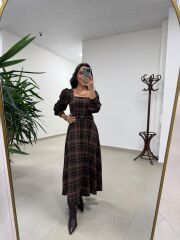 Rn 35551 Kare Yaka Ekoseli Kemerli Elbise