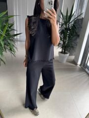 Ms 6161 Siyah Ham Keten püskül Detaylı Takım