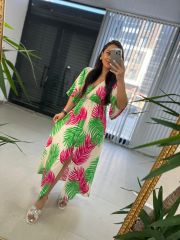 My 3154 Yeşil Pembe Palmiye Elbise