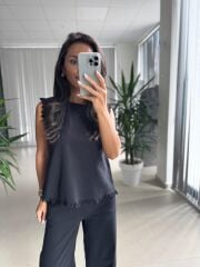 Ms 6161 Siyah Ham Keten püskül Detaylı Takım