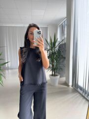 Ms 6161 Siyah Ham Keten püskül Detaylı Takım