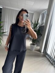 Ms 6161 Siyah Ham Keten püskül Detaylı Takım