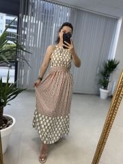 My 3217 Halter neck brown checkered viscose dress