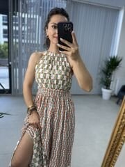 My 3217 Halter yaka kahve baklavalı viskon elbise