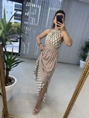 My 3217 Halter neck brown checkered viscose dress