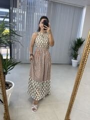 My 3217 Halter yaka kahve baklavalı viskon elbise