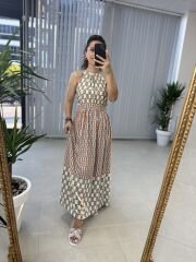 My 3217 Halter neck brown checkered viscose dress