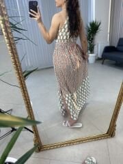 My 3217 Halter yaka kahve baklavalı viskon elbise