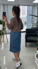 Dr 2491 Eteği Denimli Kahve Sweat Elbise