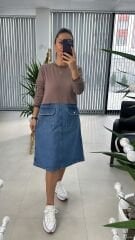 Dr 2491 Eteği Denimli Kahve Sweat Elbise