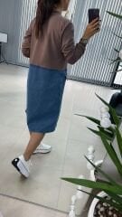 Dr 2491 Eteği Denimli Kahve Sweat Elbise
