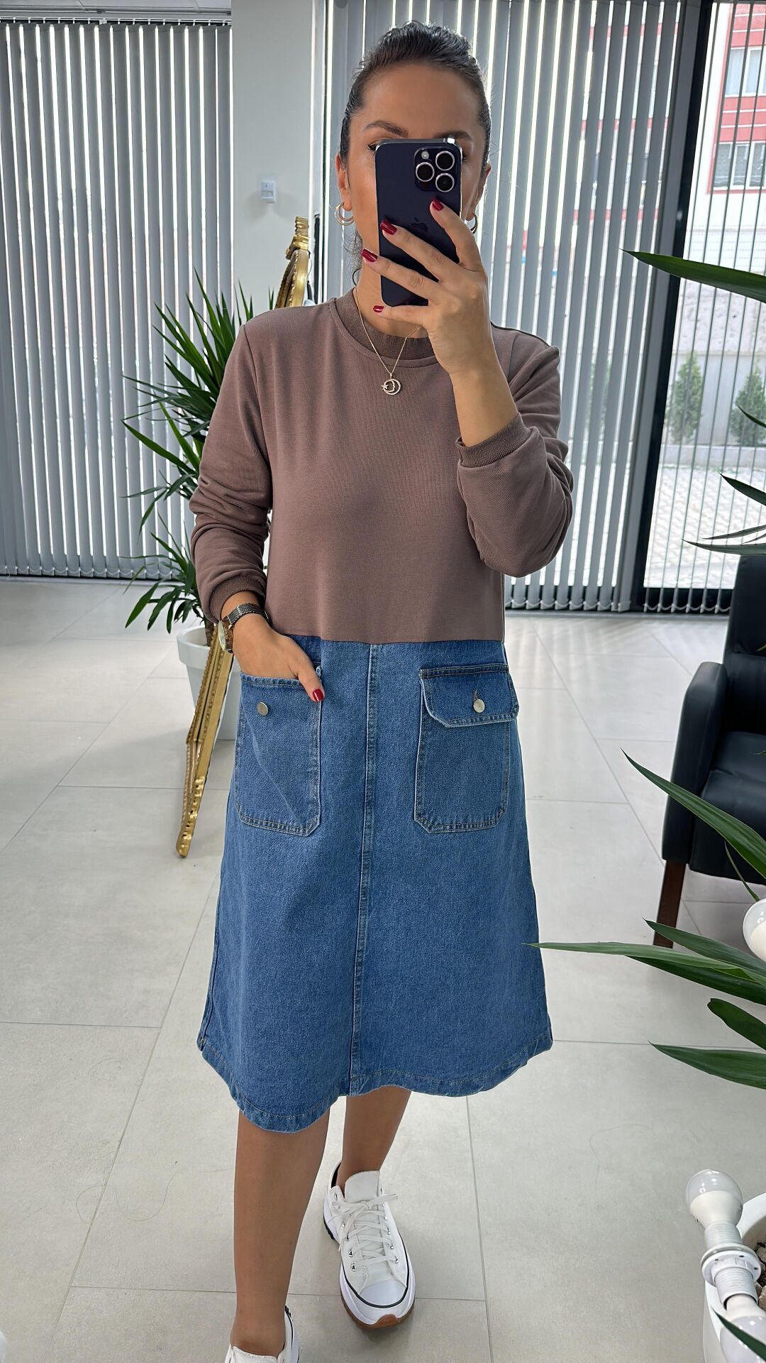 Dr 2491 Brown Sweat Dress with Denim Skirt
