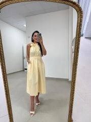 Ms 92 Sarı-Beyaz Puantiyeli Boyun Bağlamalı Kuşaklı Midi Elbise