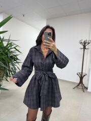 Rn 35546 Gömlek Yaka Belden Kuşaklı Ekoseli Elbise