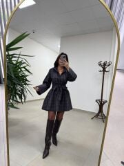 Rn 35546 Gömlek Yaka Belden Kuşaklı Ekoseli Elbise