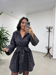 Rn 35546 Gömlek Yaka Belden Kuşaklı Ekoseli Elbise